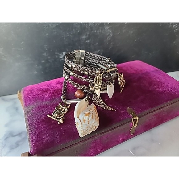 Braided Faux Leather Shell And Bird Charm Bracelet, Magnetic Closure - Picture 2 of 10